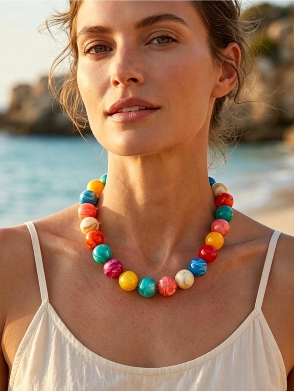 Colorful Marbled Bead Necklace - Picture 2 of 4